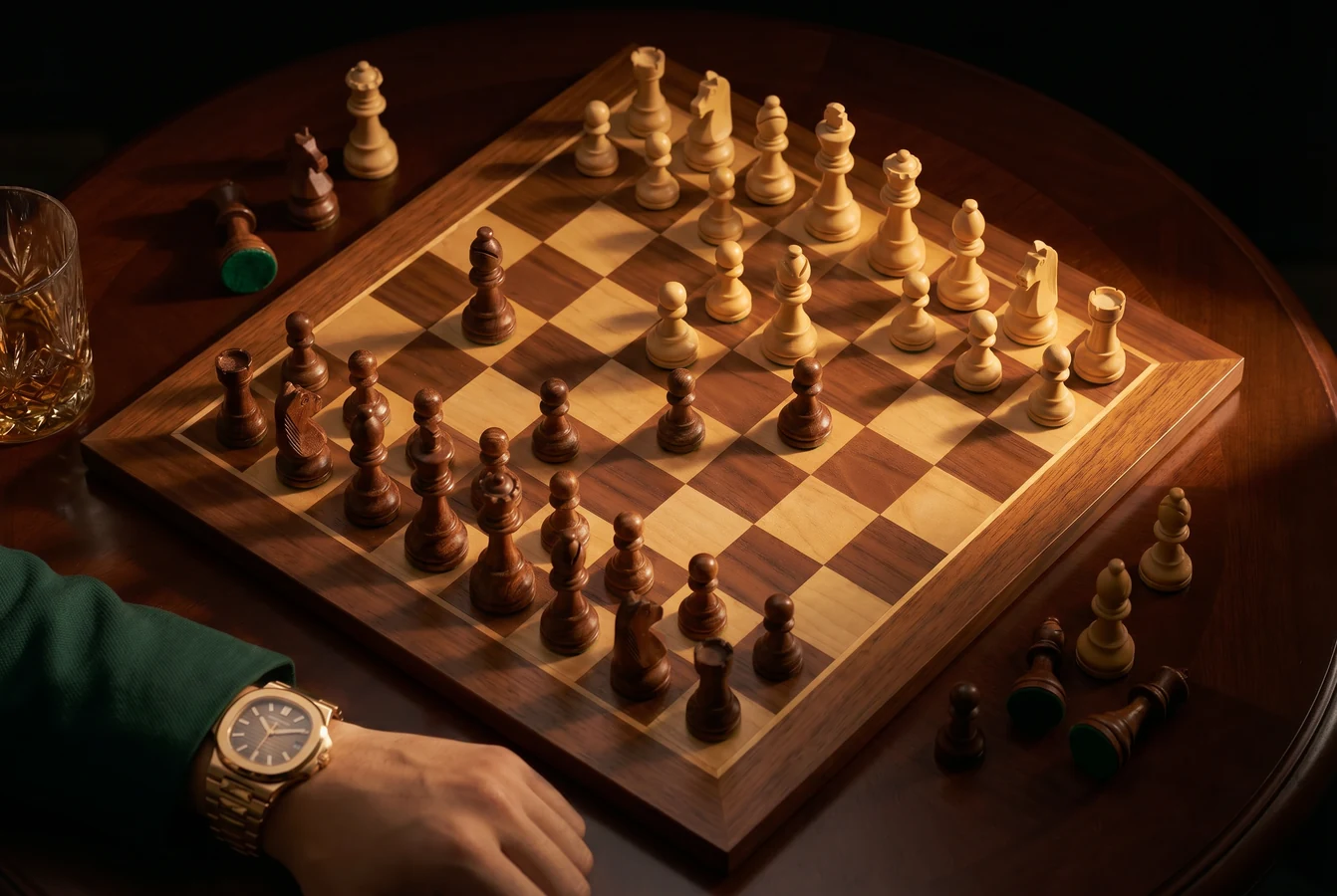 Tabuleiro de xadrez com relógio dourado — produção visual